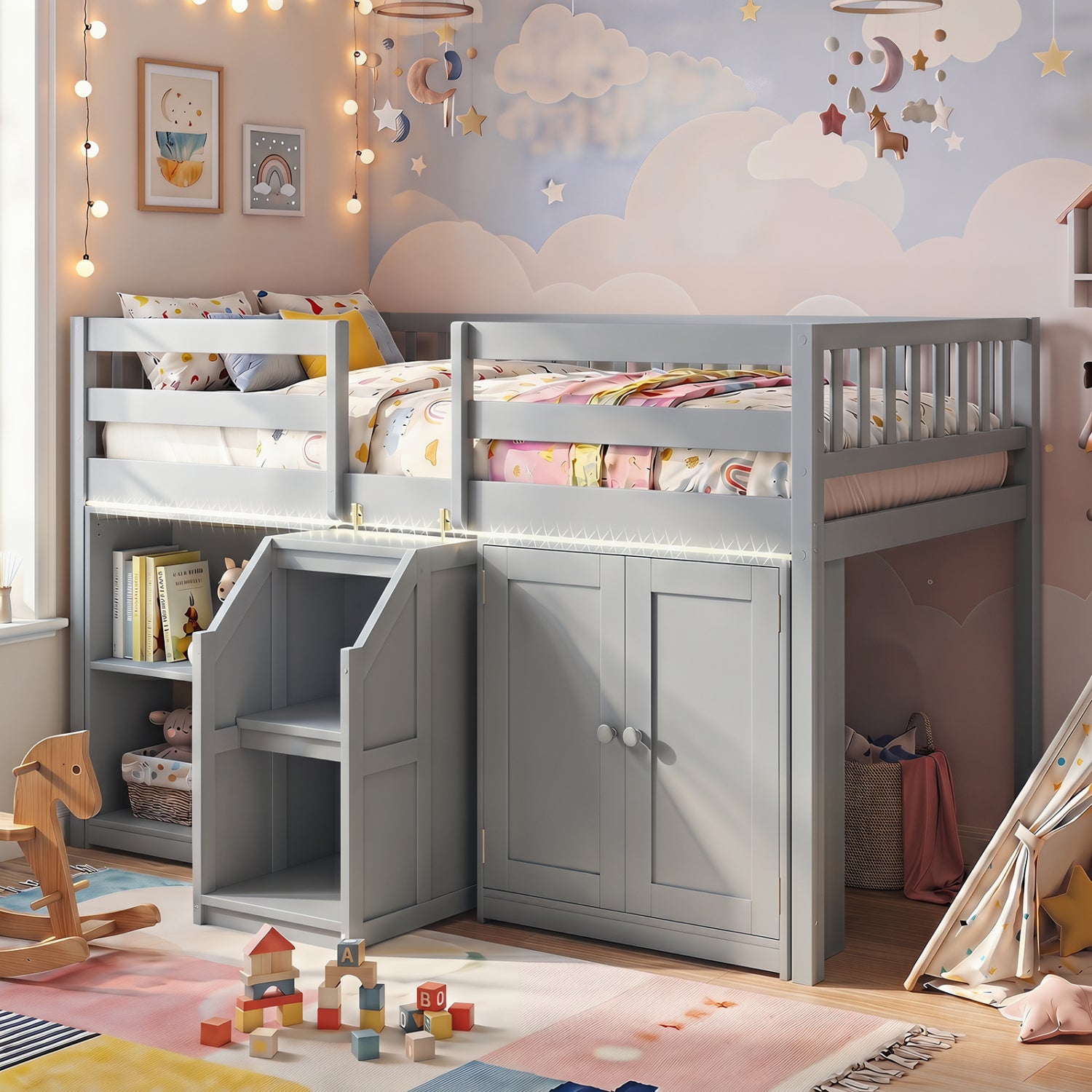 Twin Size Loft Bed With LED Lights, Wooden Frame, Gray Bunk Bed Frame at Gallery Canada