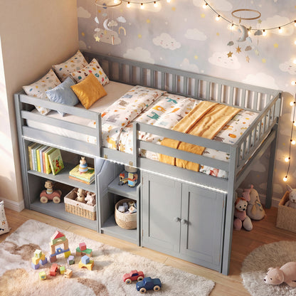 Twin Size Loft Bed With LED Lights, Wooden Frame, Gray Bunk Bed Frame at Gallery Canada