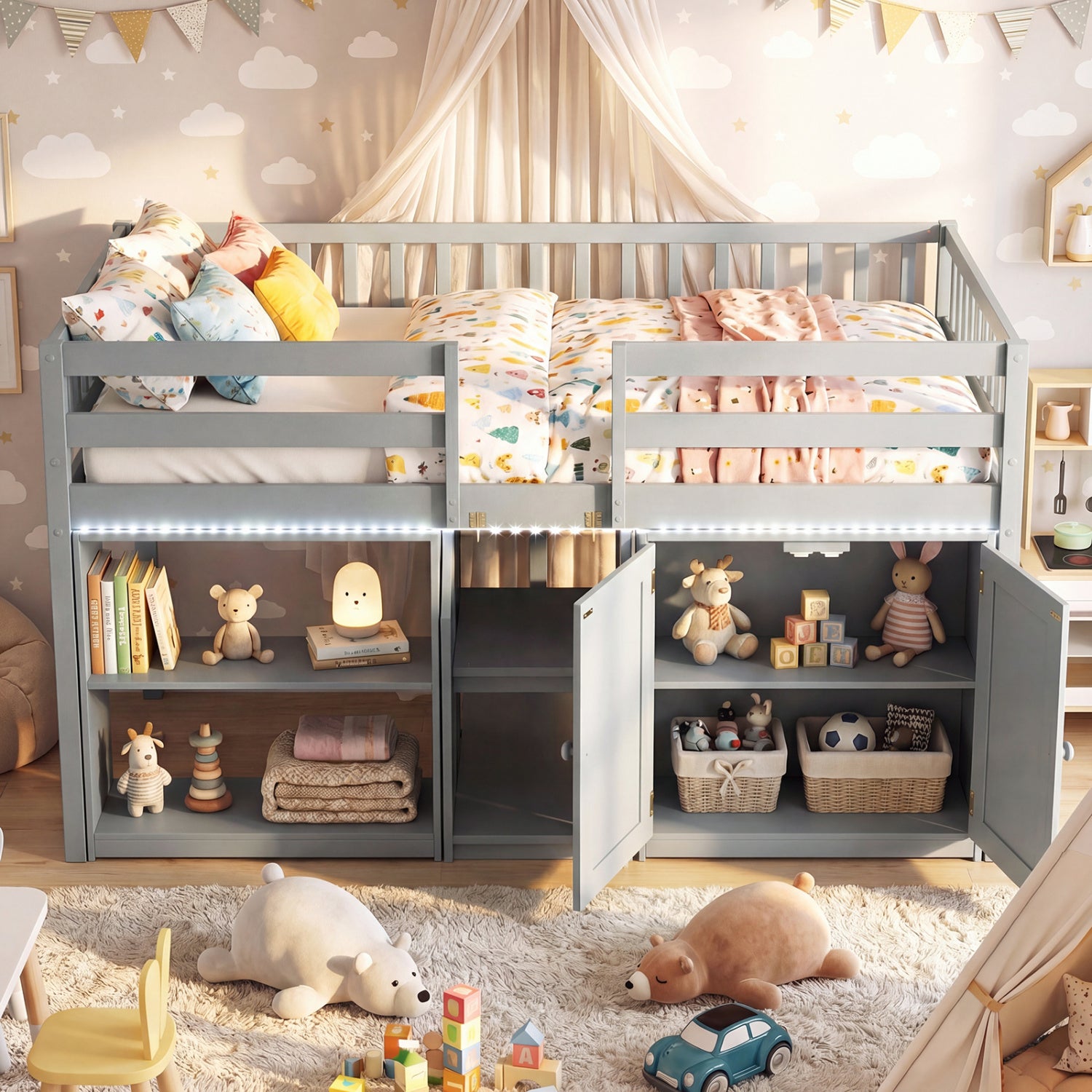 Twin Size Loft Bed With LED Lights, Wooden Frame, Gray Bunk Bed Frame at Gallery Canada