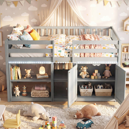 Twin Size Loft Bed With LED Lights, Wooden Frame, Gray Bunk Bed Frame at Gallery Canada