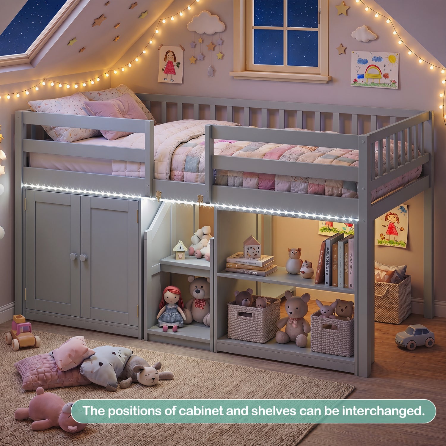 Twin Size Loft Bed With LED Lights, Wooden Frame, Gray Bunk Bed Frame at Gallery Canada