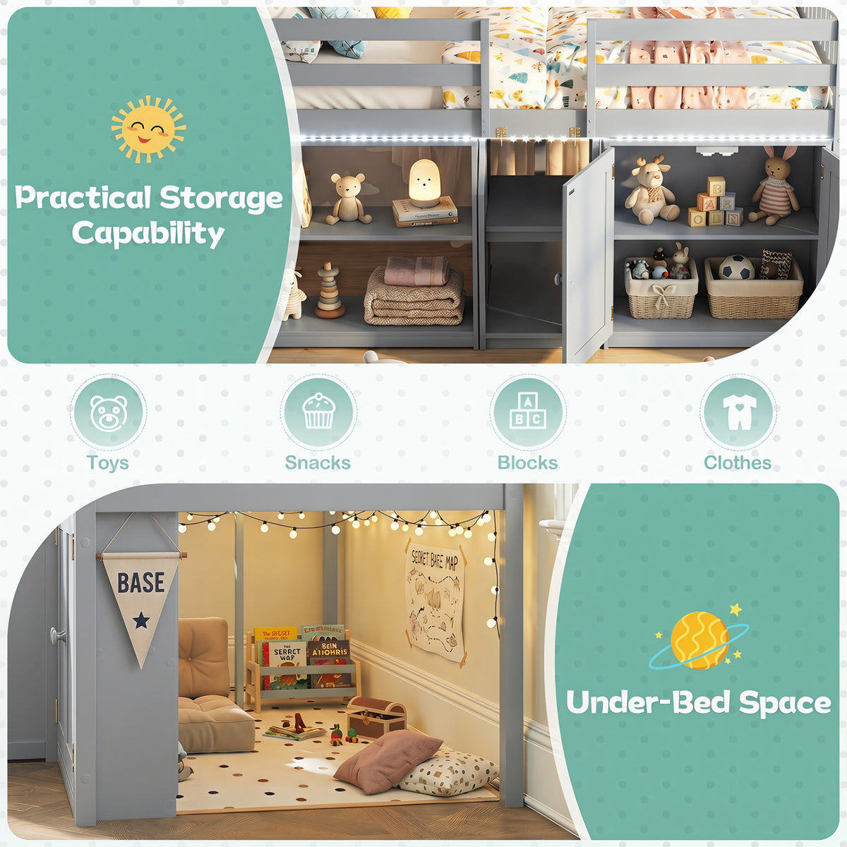 Twin Size Loft Bed With LED Lights, Wooden Frame, Gray Bunk Bed Frame at Gallery Canada
