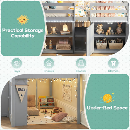 Twin Size Loft Bed With LED Lights, Wooden Frame, Gray Bunk Bed Frame at Gallery Canada