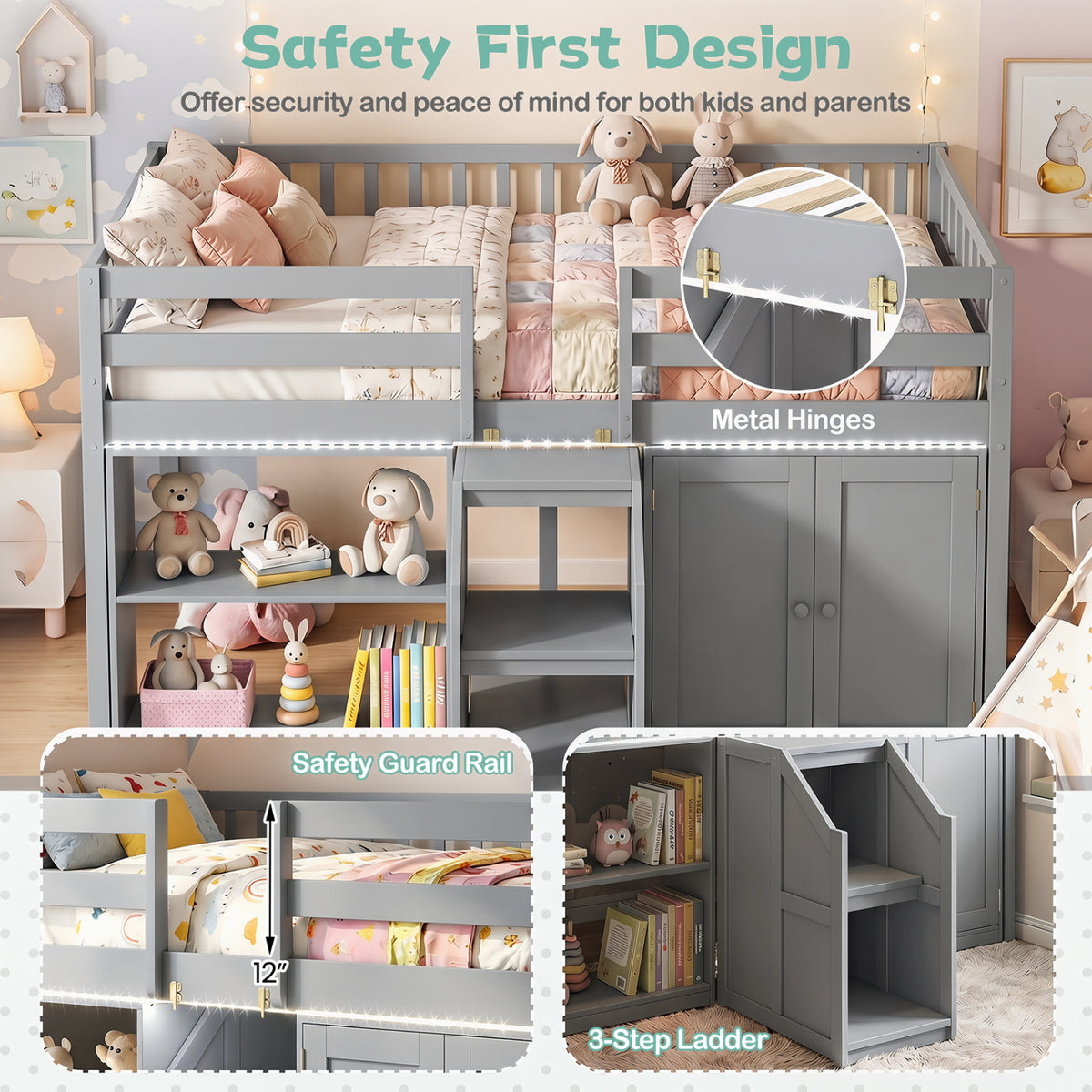 Twin Size Loft Bed With LED Lights, Wooden Frame, Gray Bunk Bed Frame at Gallery Canada