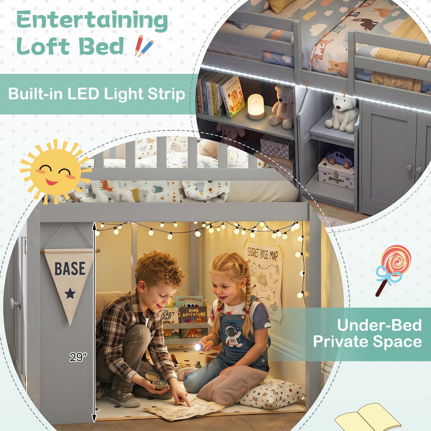 Twin Size Loft Bed With LED Lights, Wooden Frame, Gray Bunk Bed Frame at Gallery Canada