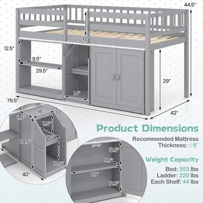 Twin Size Loft Bed With LED Lights, Wooden Frame, Gray Bunk Bed Frame at Gallery Canada