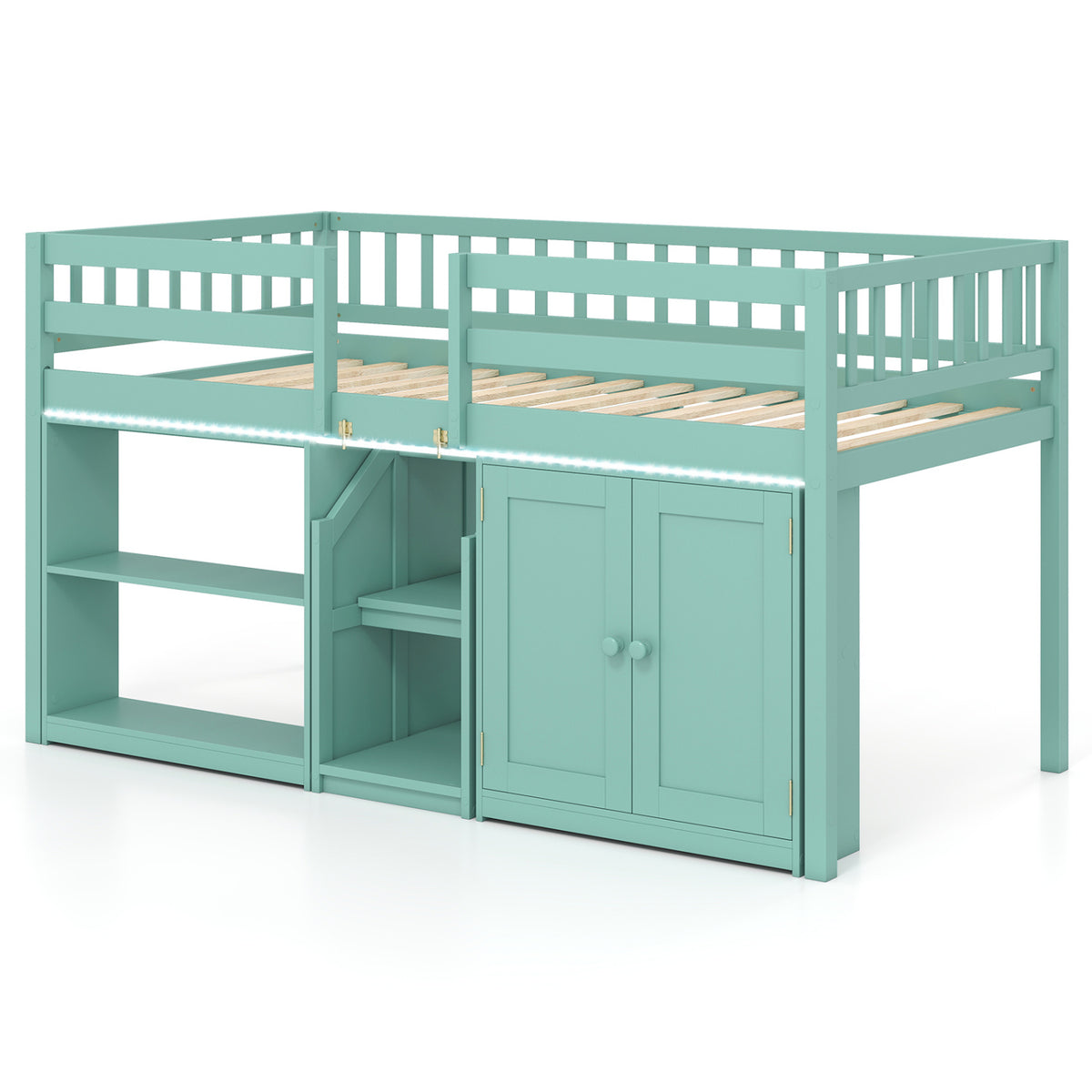 Twin Size Loft Bed With LED Lights, Wooden Bed Frame, Green Bunk Bed Frame Green at Gallery Canada