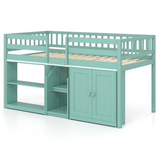 Twin Size Loft Bed With LED Lights, Wooden Bed Frame, Green Bunk Bed Frame Green at Gallery Canada