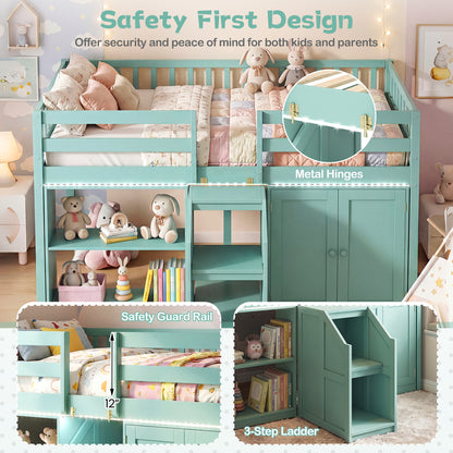 Twin Size Loft Bed With LED Lights, Wooden Bed Frame, Green Bunk Bed Frame at Gallery Canada