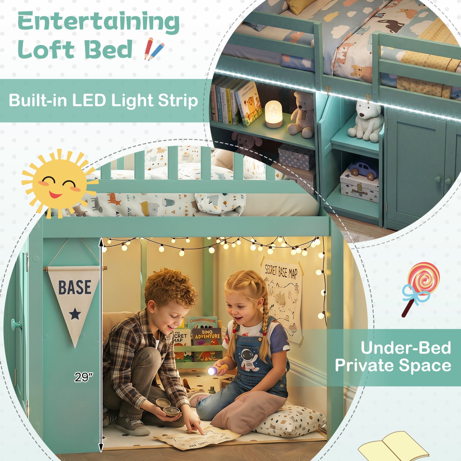 Twin Size Loft Bed With LED Lights, Wooden Bed Frame, Green Bunk Bed Frame at Gallery Canada
