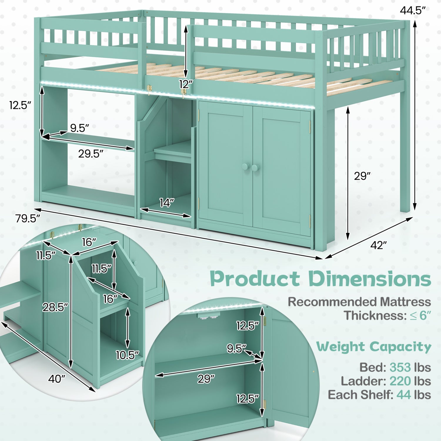 Twin Size Loft Bed With LED Lights, Wooden Bed Frame, Green Bunk Bed Frame at Gallery Canada