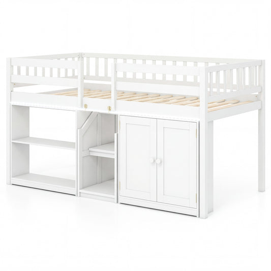 Twin Size Loft Bed With LED Lights, Kids Wooden Bed Frame, White Bunk Bed Frame White at Gallery Canada