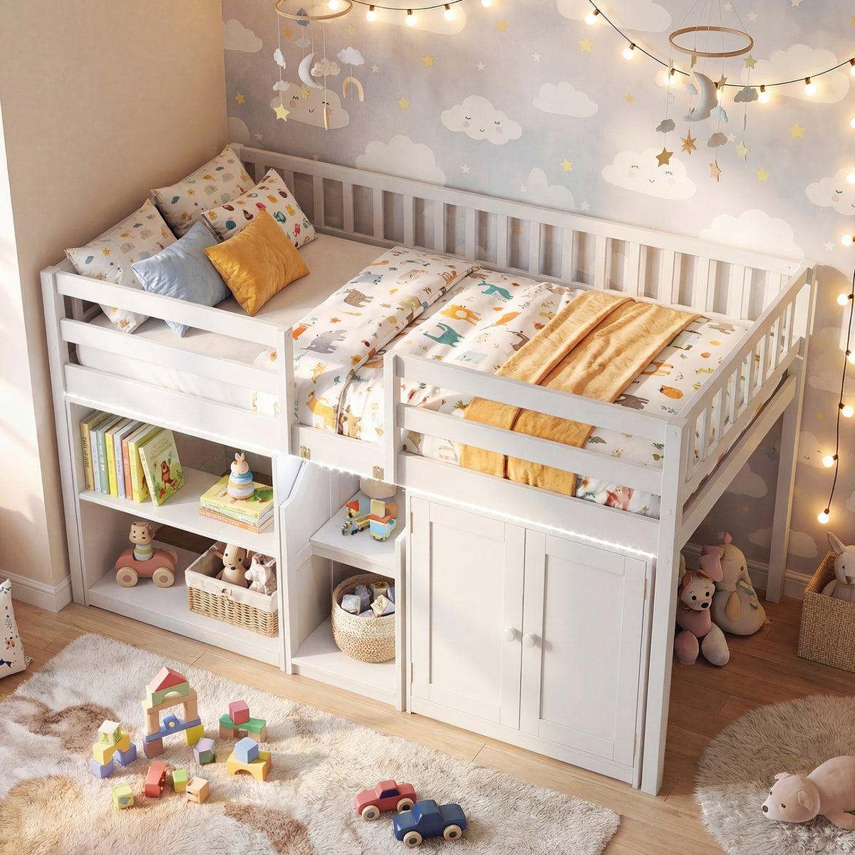 Twin Size Loft Bed With LED Lights, Kids Wooden Bed Frame, White Bunk Bed Frame at Gallery Canada