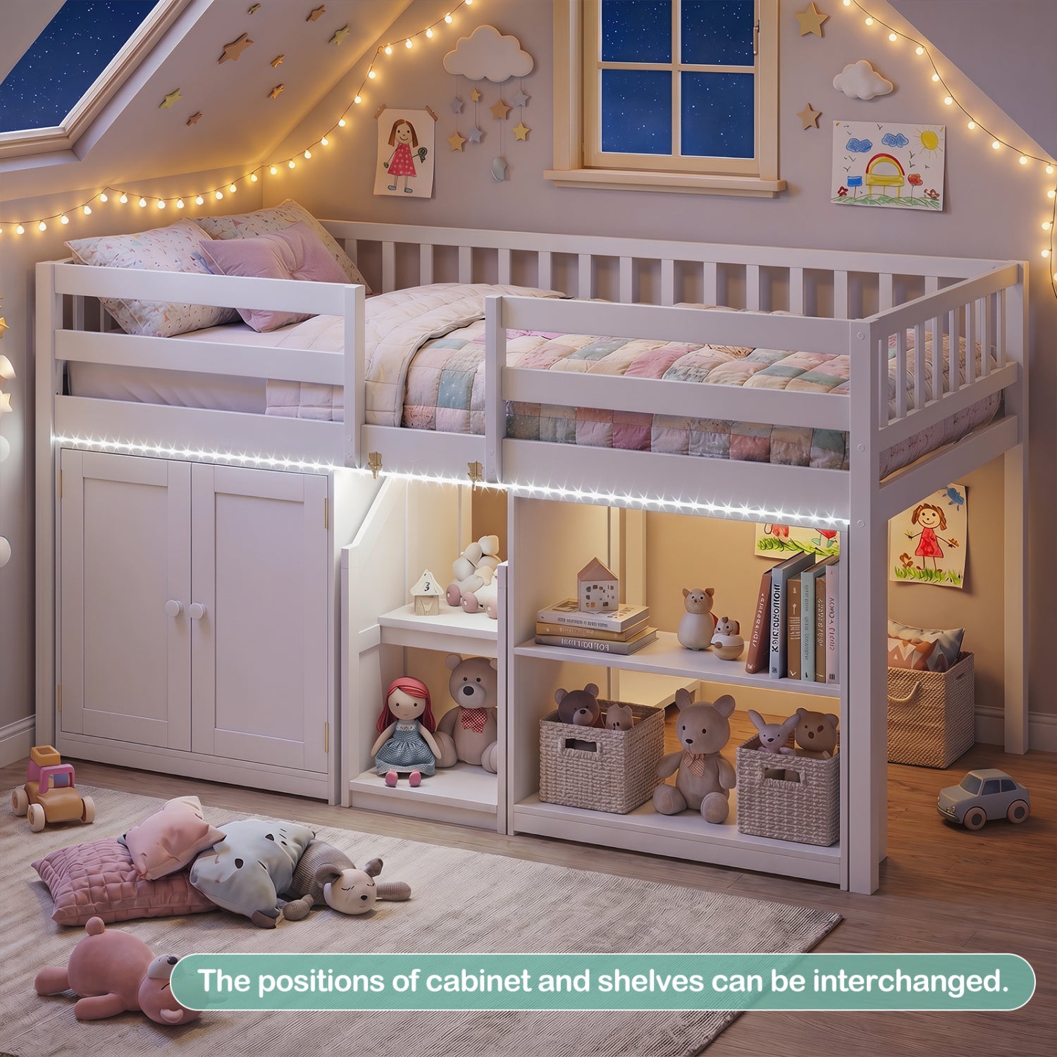 Twin Size Loft Bed With LED Lights, Kids Wooden Bed Frame, White Bunk Bed Frame at Gallery Canada