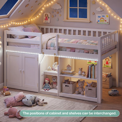 Twin Size Loft Bed With LED Lights, Kids Wooden Bed Frame, White Bunk Bed Frame at Gallery Canada