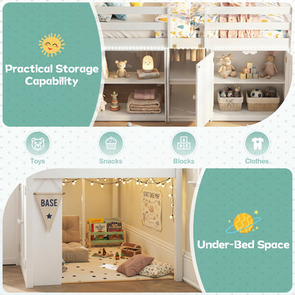 Twin Size Loft Bed With LED Lights, Kids Wooden Bed Frame, White Bunk Bed Frame at Gallery Canada