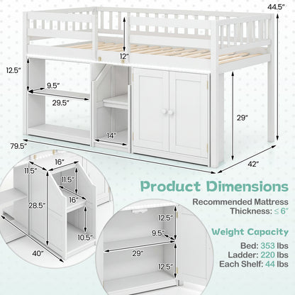 Twin Size Loft Bed With LED Lights, Kids Wooden Bed Frame, White Bunk Bed Frame at Gallery Canada