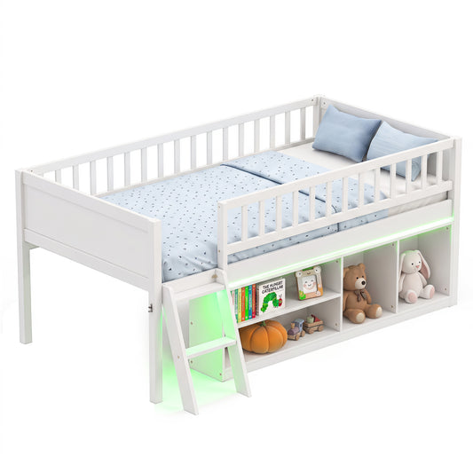 Twin Loft Bed with LED Lights & Bookshelves, White Toddler Beds White at Gallery Canada