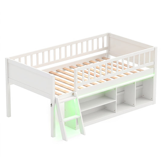 Twin Loft Bed with LED Lights & Bookshelves, White Toddler Beds White at Gallery Canada