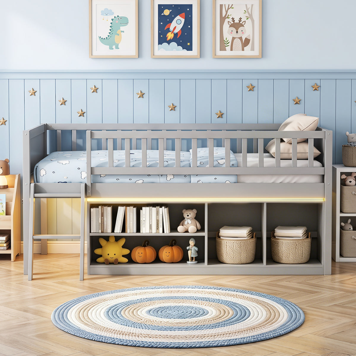 Twin Loft Bed with LED Lights, Bookshelves, Guardrails, Gray Toddler Beds at Gallery Canada