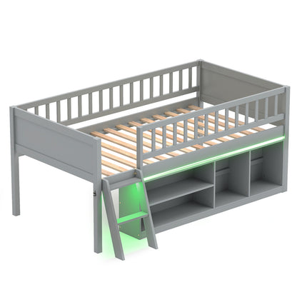 Twin Loft Bed with LED Lights, Bookshelves, Guardrails, Gray Toddler Beds Gray at Gallery Canada