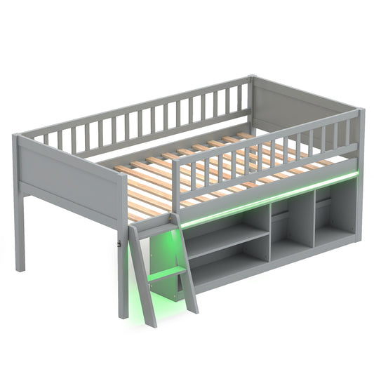 Twin Loft Bed with LED Lights, Bookshelves, Guardrails, Gray Toddler Beds Gray at Gallery Canada