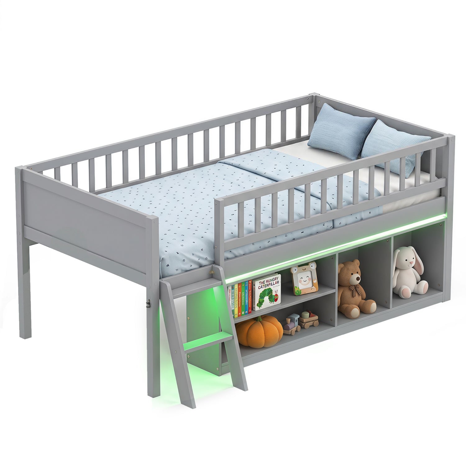 Twin Loft Bed with LED Lights, Bookshelves, Guardrails, Gray Toddler Beds at Gallery Canada