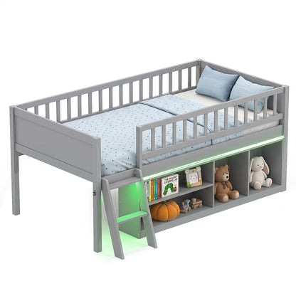 Twin Loft Bed with LED Lights, Bookshelves, Guardrails, Gray Toddler Beds at Gallery Canada