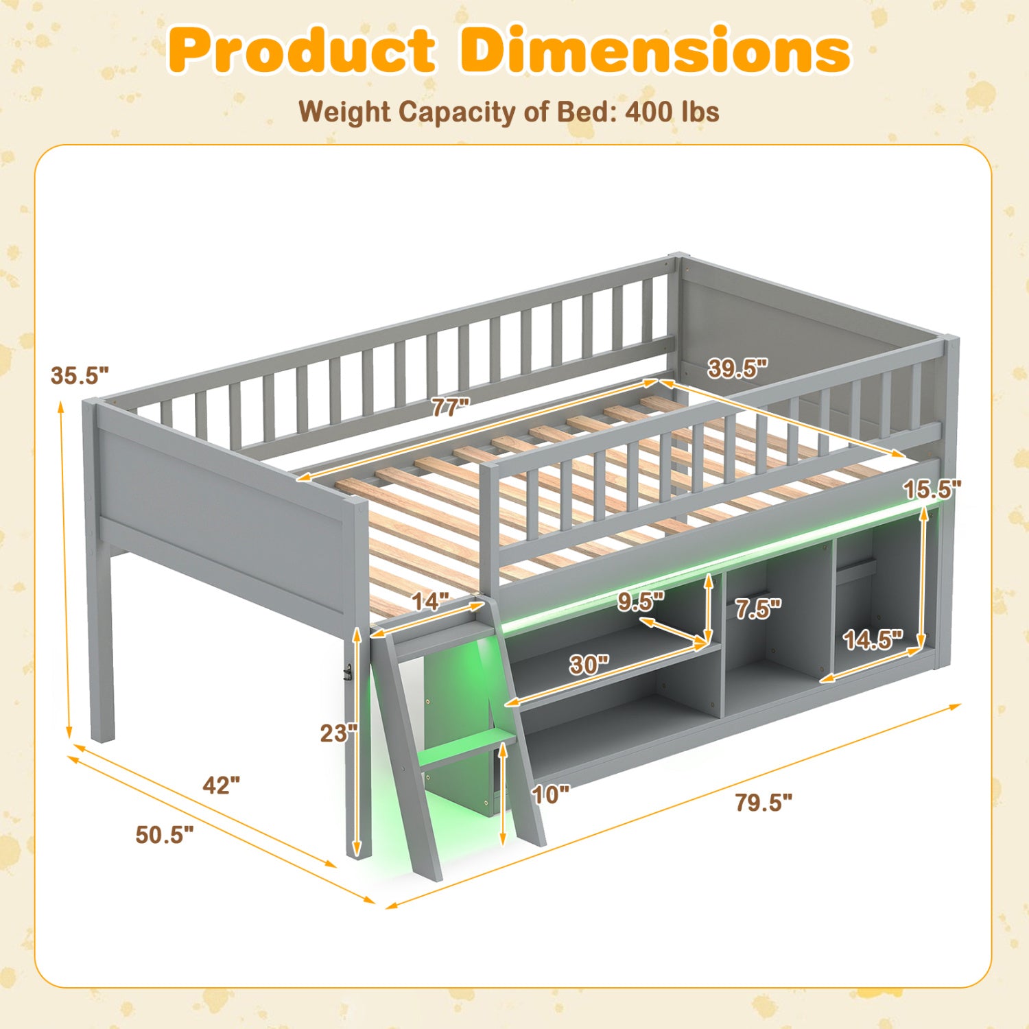 Twin Loft Bed with LED Lights, Bookshelves, Guardrails, Gray Toddler Beds at Gallery Canada