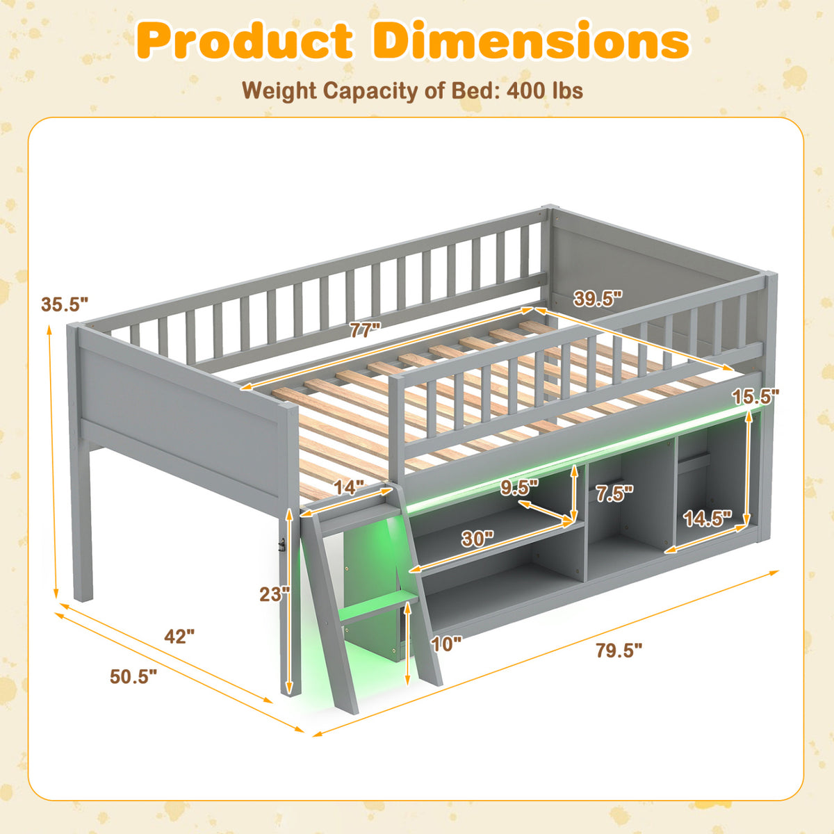 Twin Loft Bed with LED Lights, Bookshelves, Guardrails, Gray Toddler Beds at Gallery Canada
