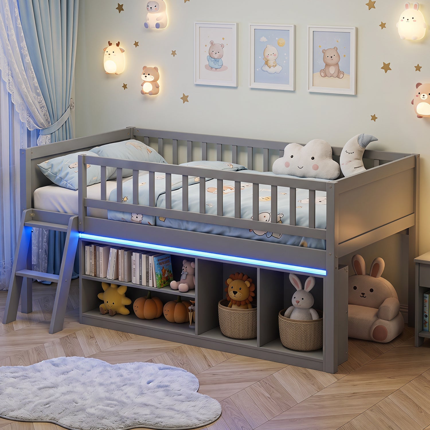 Twin Loft Bed with LED Lights, Bookshelves, Guardrails, Gray Toddler Beds at Gallery Canada