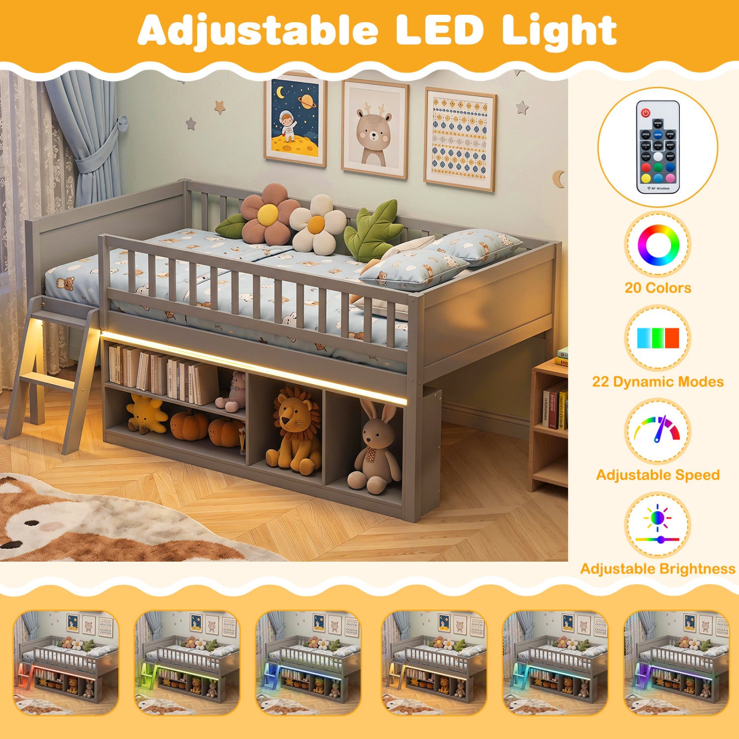 Twin Loft Bed with LED Lights, Bookshelves, Guardrails, Gray Toddler Beds at Gallery Canada