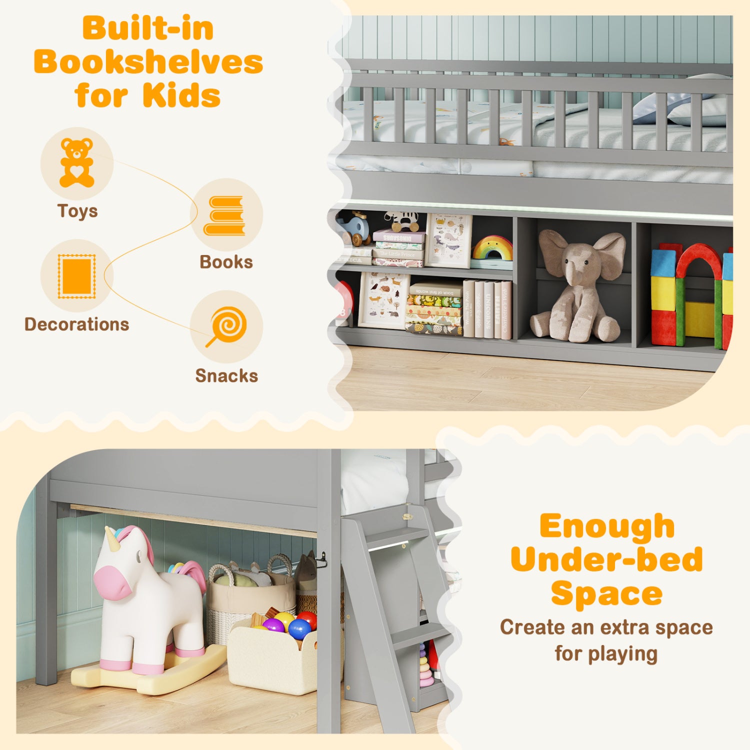 Twin Loft Bed with LED Lights, Bookshelves, Guardrails, Gray Toddler Beds at Gallery Canada