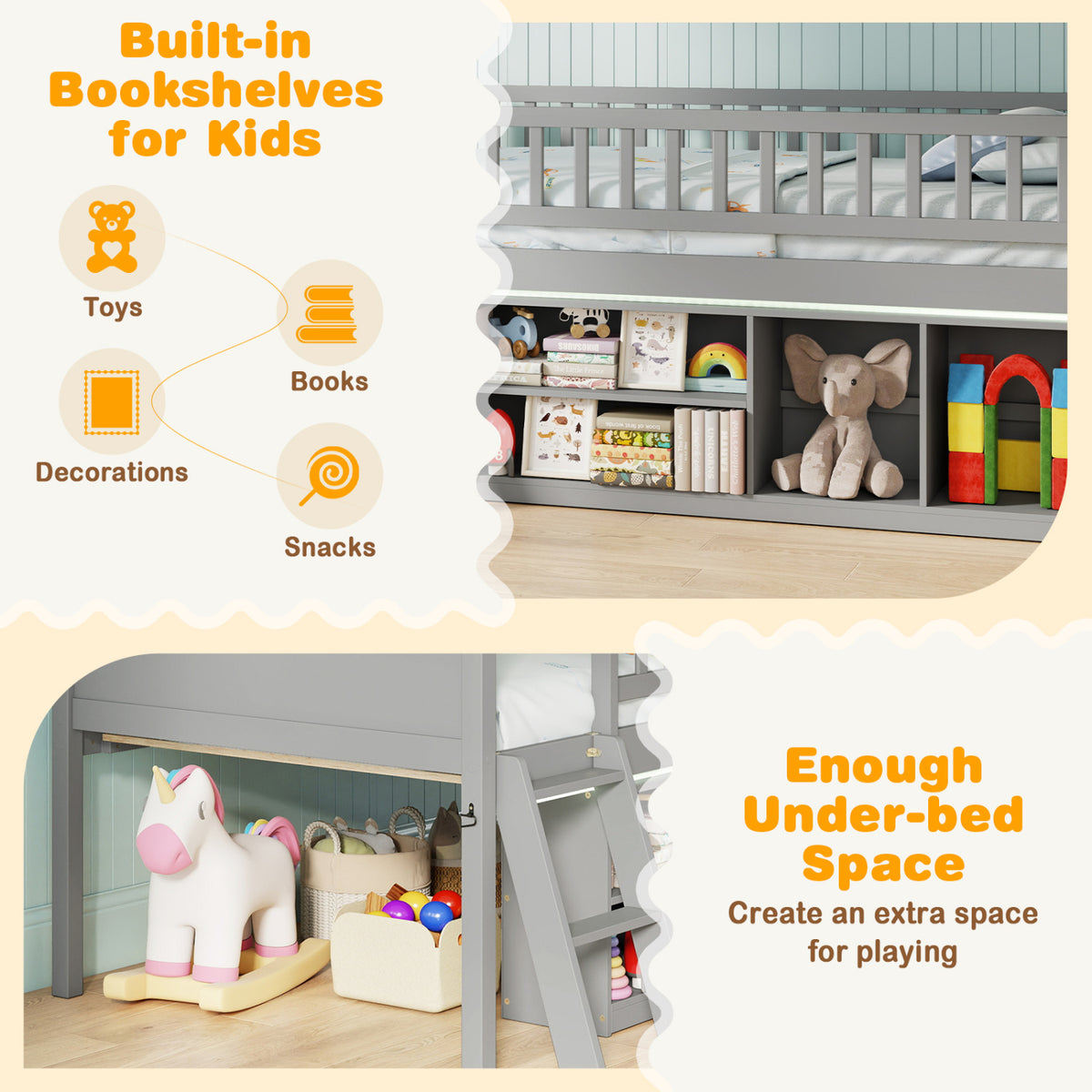 Twin Loft Bed with LED Lights, Bookshelves, Guardrails, Gray Toddler Beds at Gallery Canada