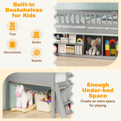 Twin Loft Bed with LED Lights, Bookshelves, Guardrails, Gray Toddler Beds at Gallery Canada