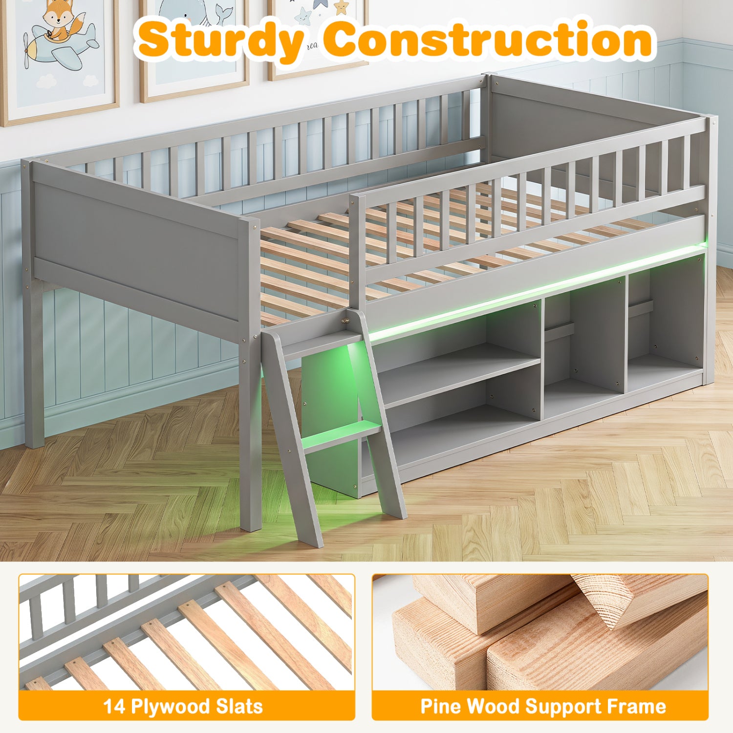 Twin Loft Bed with LED Lights, Bookshelves, Guardrails, Gray Toddler Beds at Gallery Canada