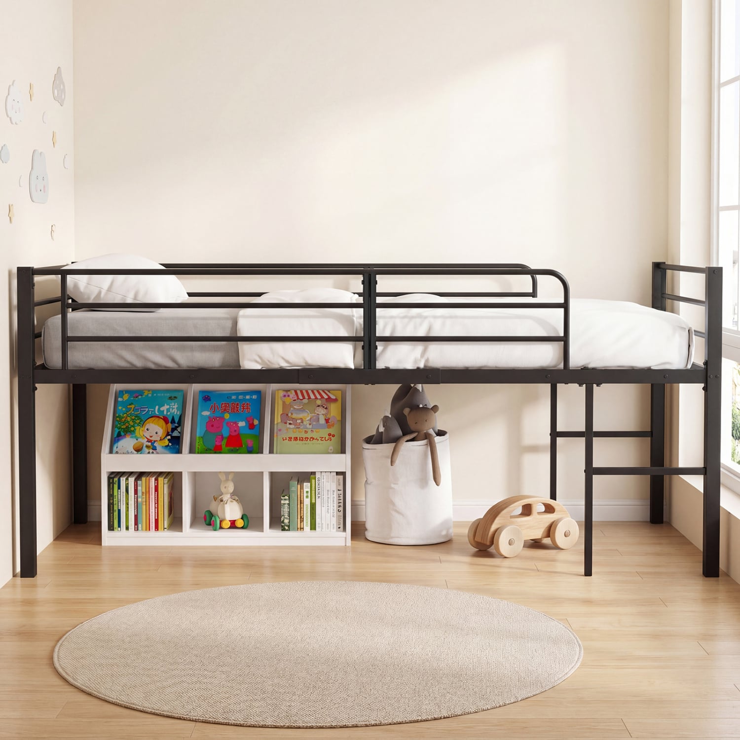 Twin Low Loft Bed with Guardrails & 2 Ladders, Black Bunk Bed Frame at Gallery Canada