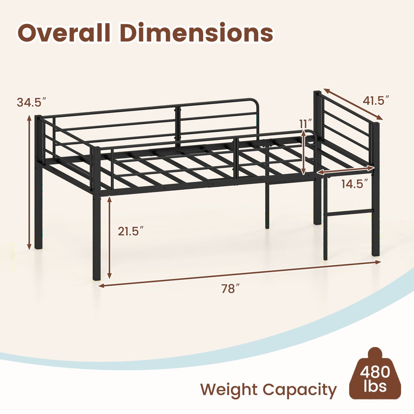 Twin Low Loft Bed with Guardrails & 2 Ladders, Black Bunk Bed Frame at Gallery Canada