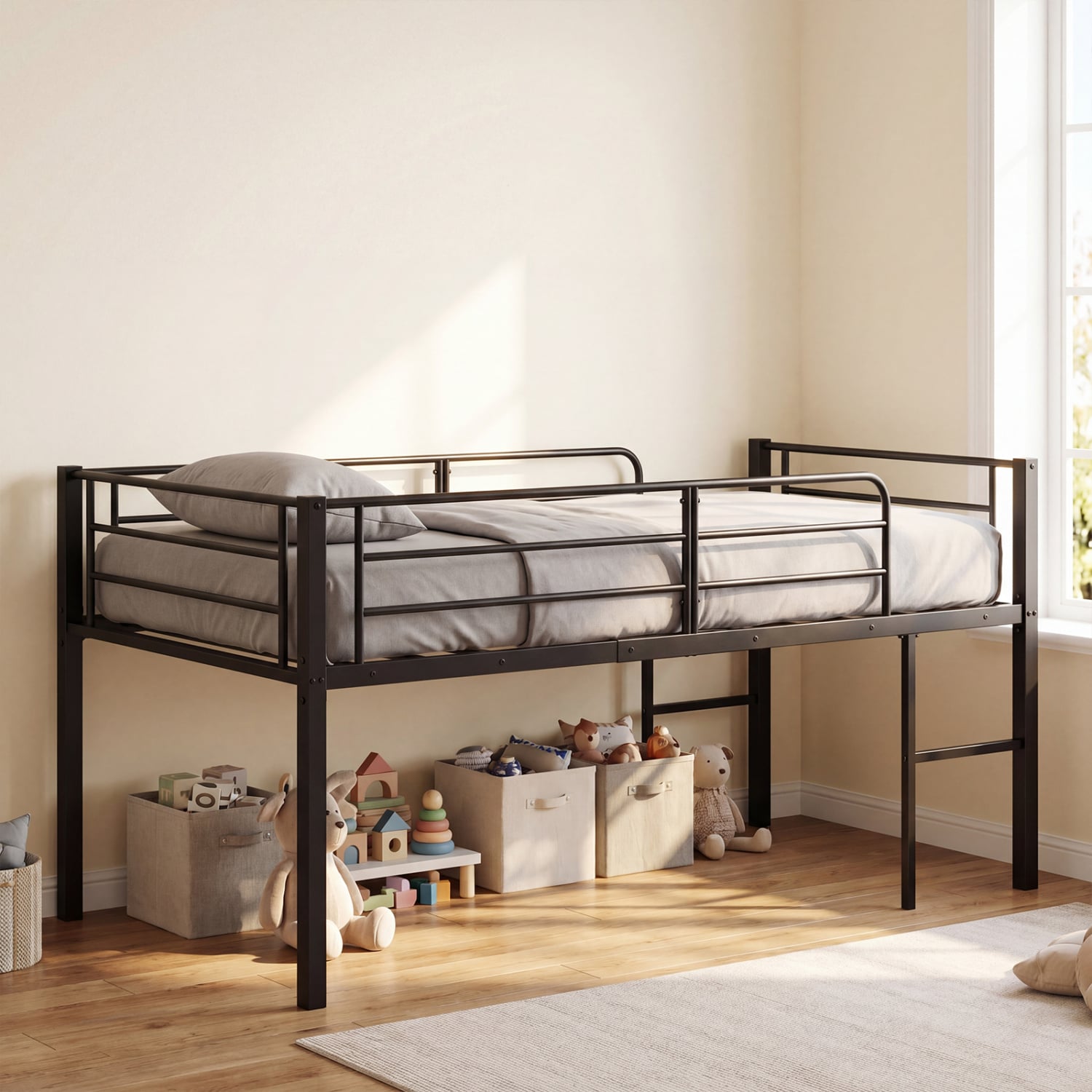 Twin Low Loft Bed with Guardrails & 2 Ladders, Black Bunk Bed Frame at Gallery Canada