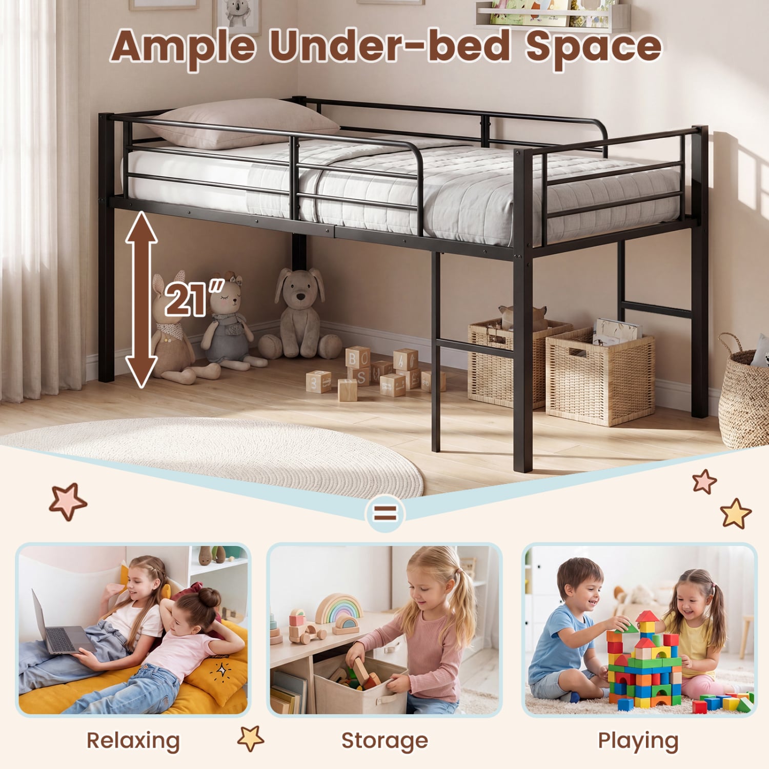 Twin Low Loft Bed with Guardrails & 2 Ladders, Black Bunk Bed Frame at Gallery Canada