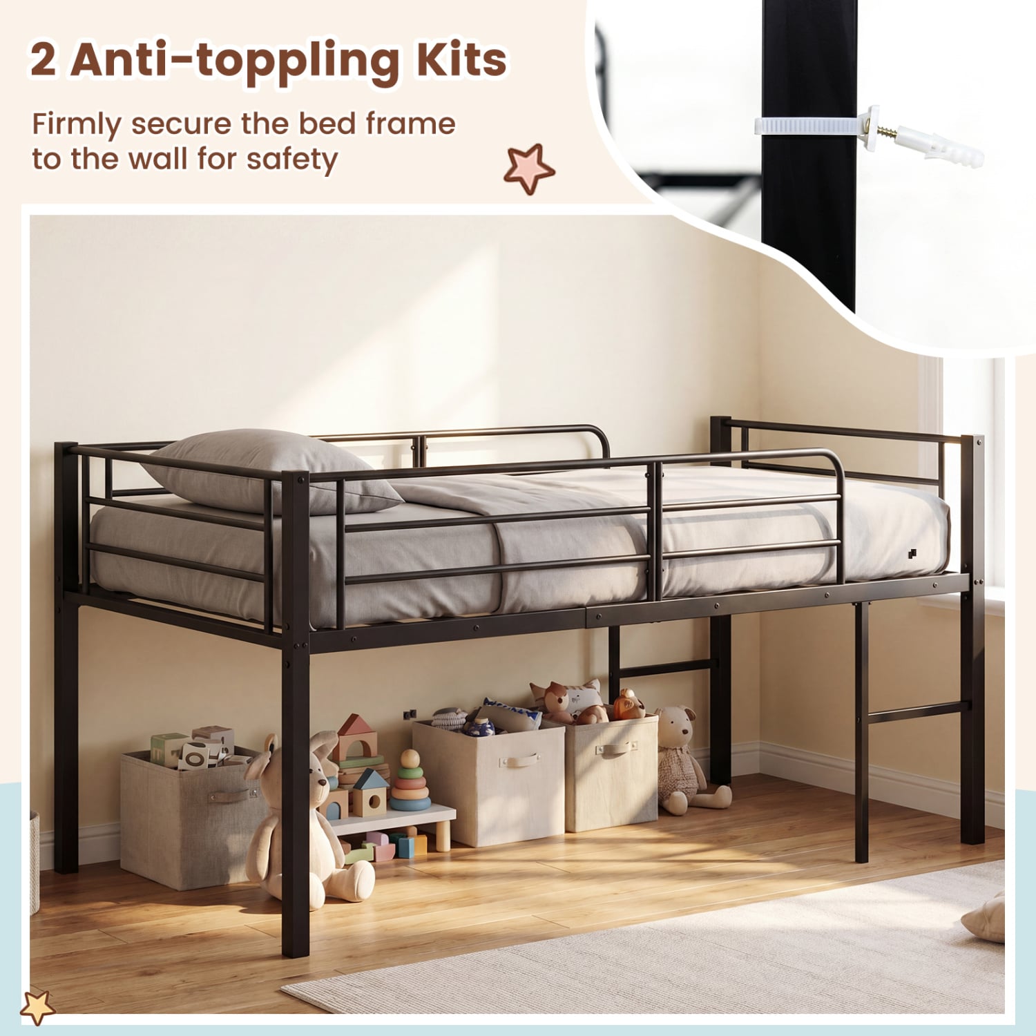 Twin Low Loft Bed with Guardrails & 2 Ladders, Black Bunk Bed Frame at Gallery Canada