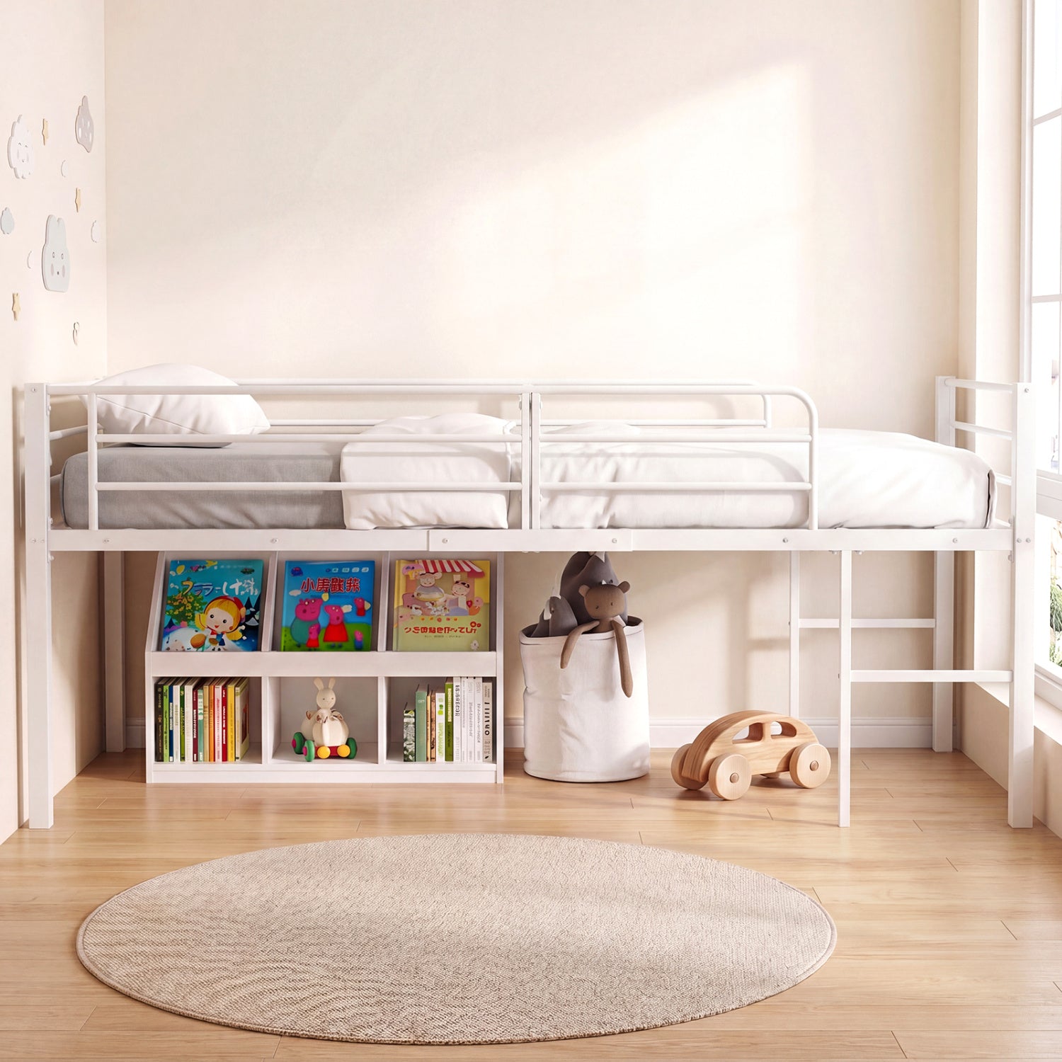 Twin Size Low Loft Bed with Safety Guardrails and 2 Ladders, White Bunk Bed Frame at Gallery Canada
