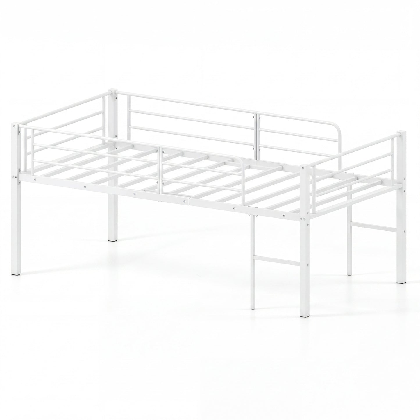Twin Size Low Loft Bed with Safety Guardrails and 2 Ladders, White Bunk Bed Frame White at Gallery Canada