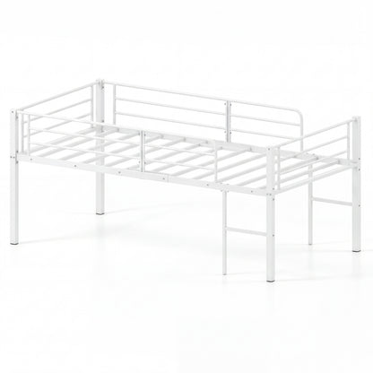 Twin Size Low Loft Bed with Safety Guardrails and 2 Ladders, White Bunk Bed Frame White at Gallery Canada
