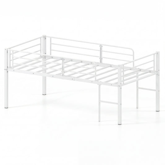 Twin Size Low Loft Bed with Safety Guardrails and 2 Ladders, White Bunk Bed Frame White at Gallery Canada