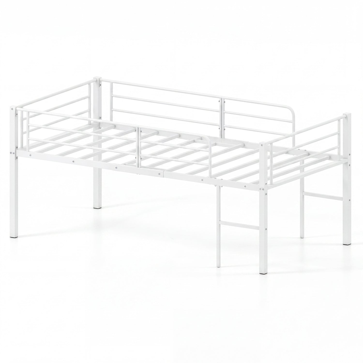 Twin Size Low Loft Bed with Safety Guardrails and 2 Ladders, White Bunk Bed Frame White at Gallery Canada