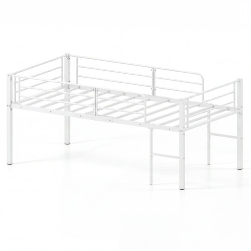 Twin Size Low Loft Bed with Safety Guardrails and 2 Ladders, White