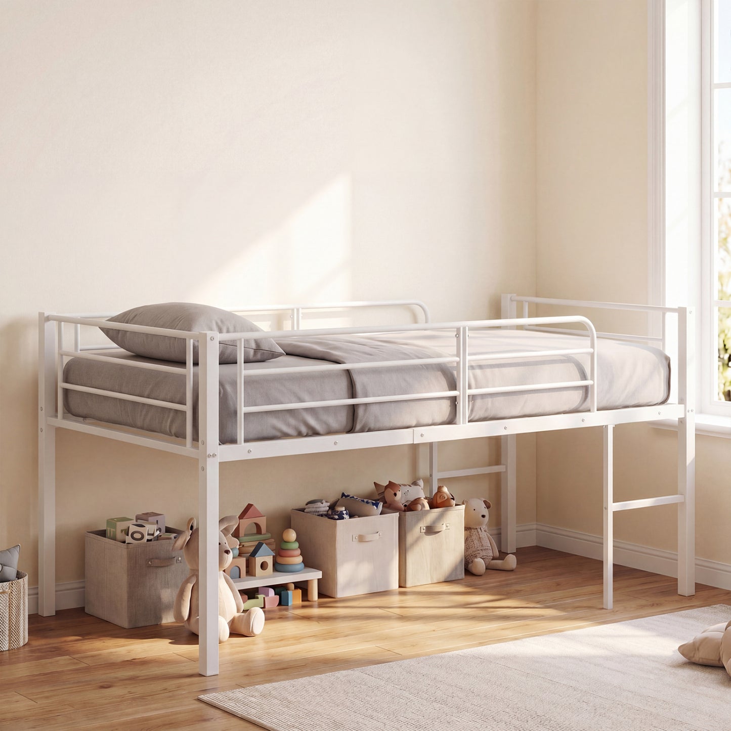 Twin Size Low Loft Bed with Safety Guardrails and 2 Ladders, White Bunk Bed Frame at Gallery Canada