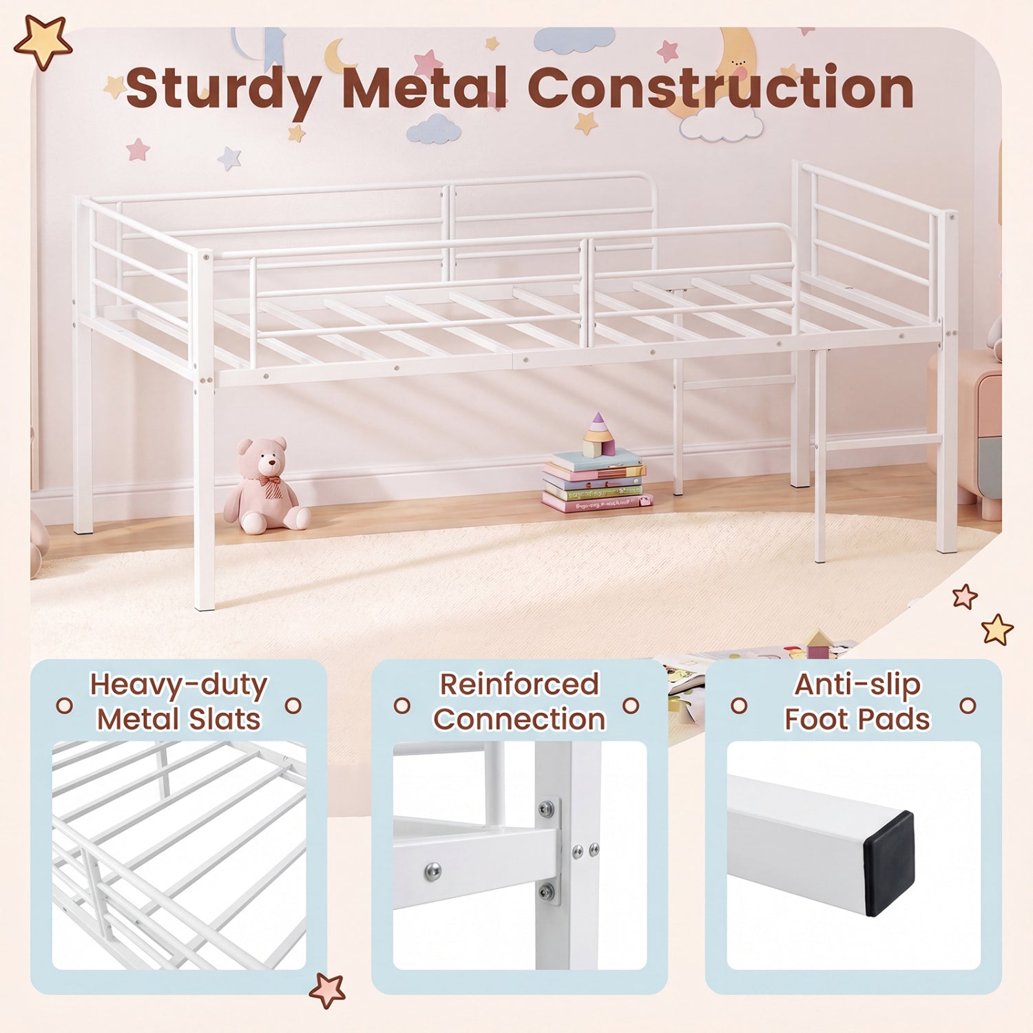 Twin Size Low Loft Bed with Safety Guardrails and 2 Ladders, White Bunk Bed Frame at Gallery Canada