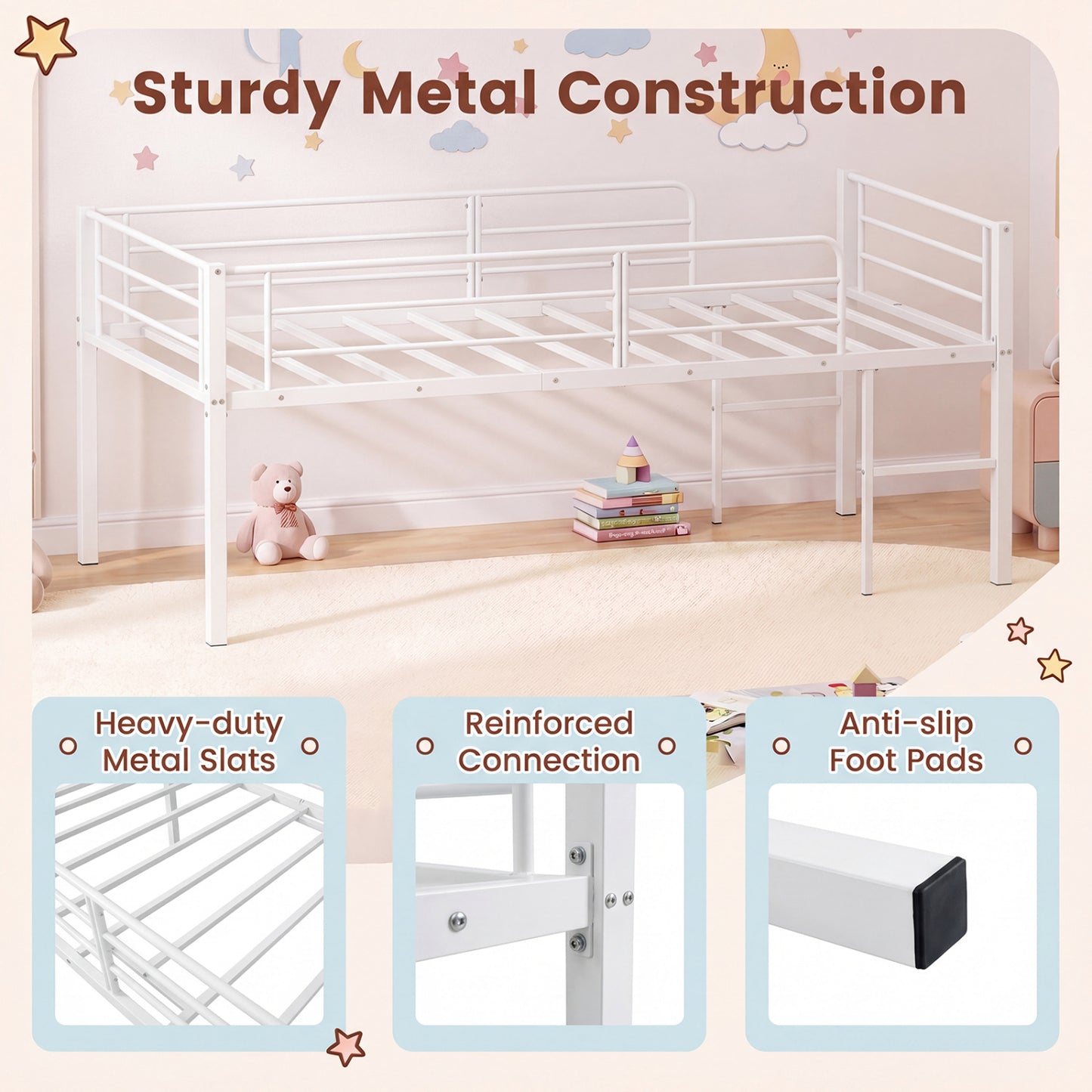 Twin Size Low Loft Bed with Safety Guardrails and 2 Ladders, White Bunk Bed Frame at Gallery Canada